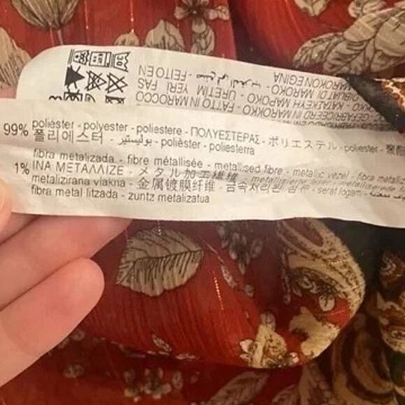 Zara Floral Sheer Long Sleeve Flowy Boho Blouse Smocked Ruffle Neck XL Red Green - Picture 11 of 15